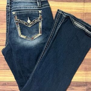 Shyanne Dark Blue Boot Cut Jeans with Embroidered Pocket 33x32